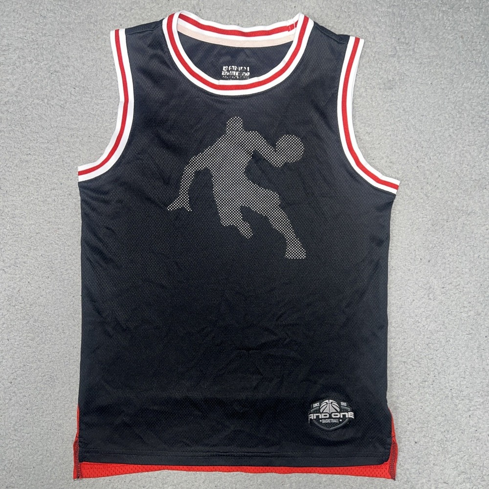 VTG And1 Basketball Jersey Youth Sz L (14/16) Black Mesh Jumbo Logo Tank Top